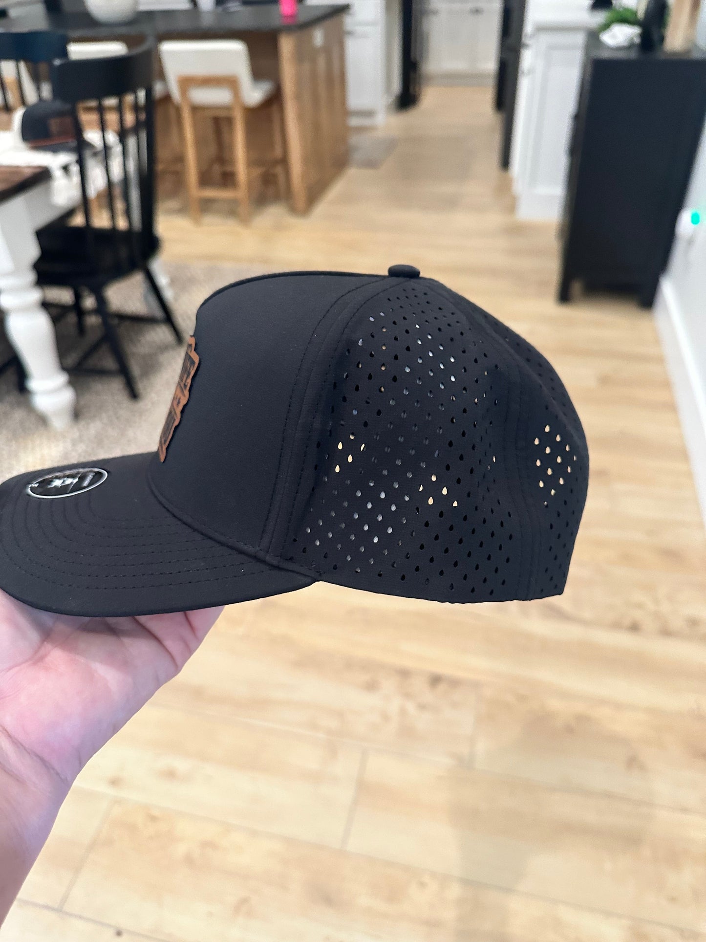 Over Par and Under The Influence- Golf ball Textured Leather Patch Black Unisex Rope Hat