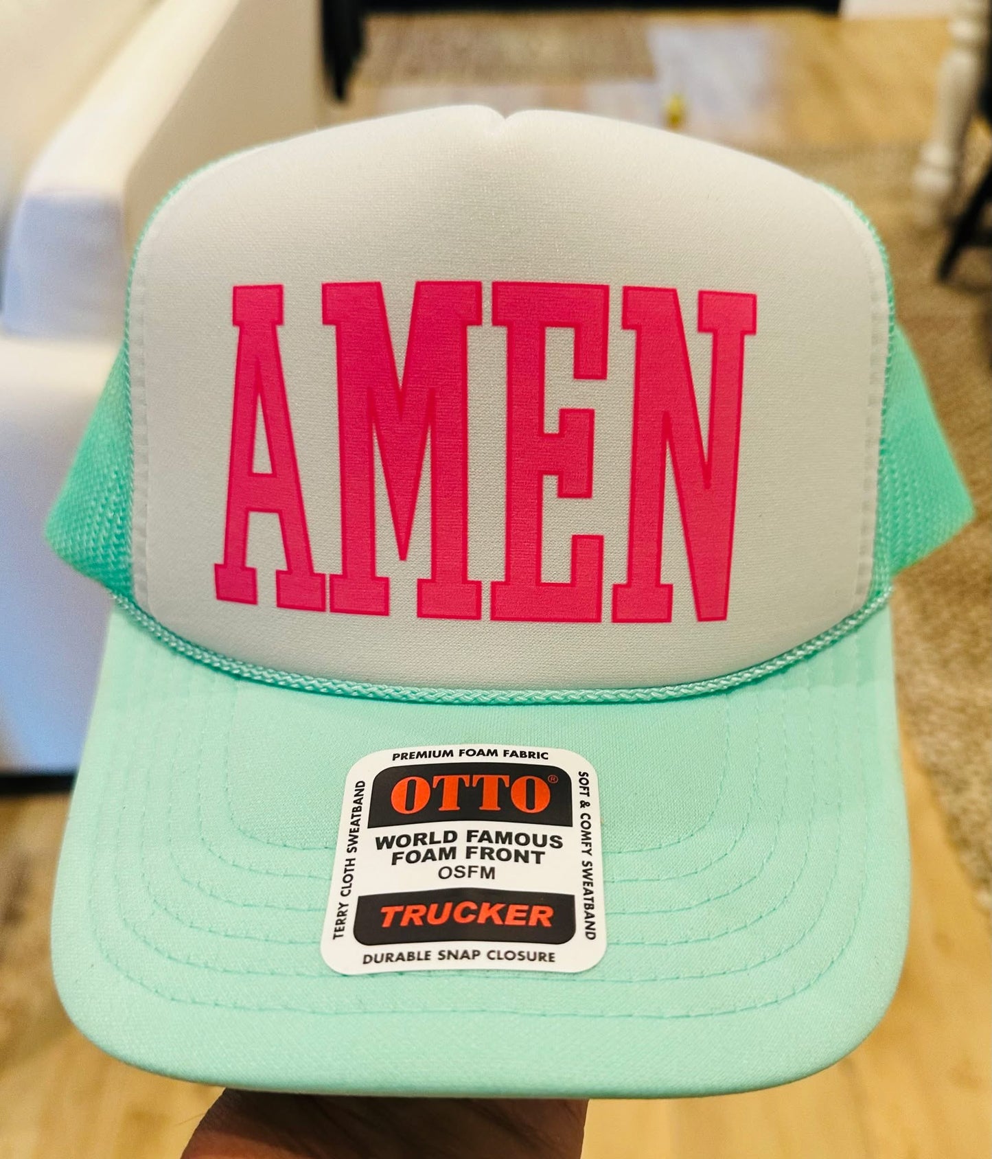 AMEN- Seafoam and White Unisex Foam Trucker Hat