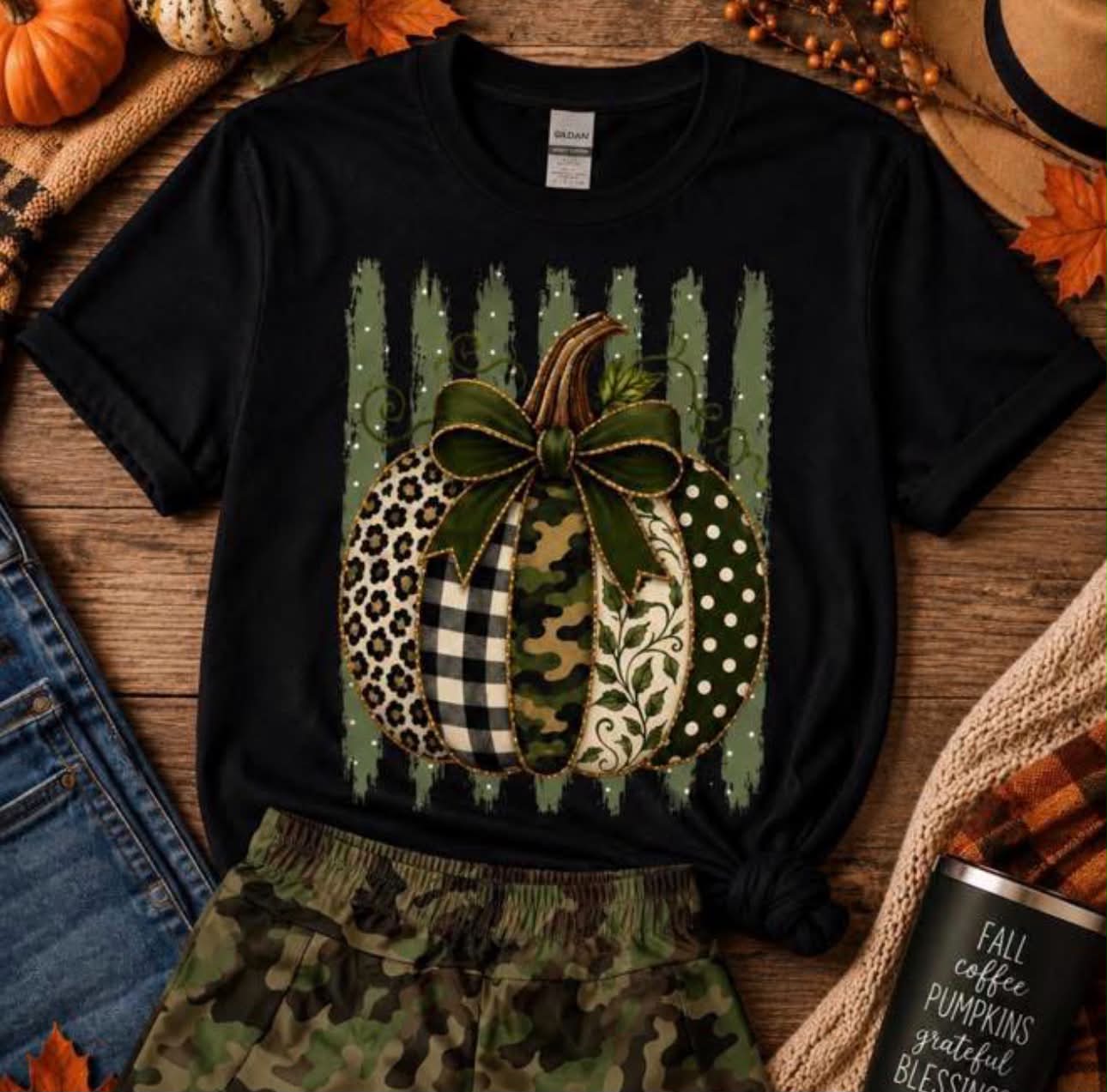 Camo Pumpkin Pattern Stripes - Black Comfort Color Unisex Graphic Tee