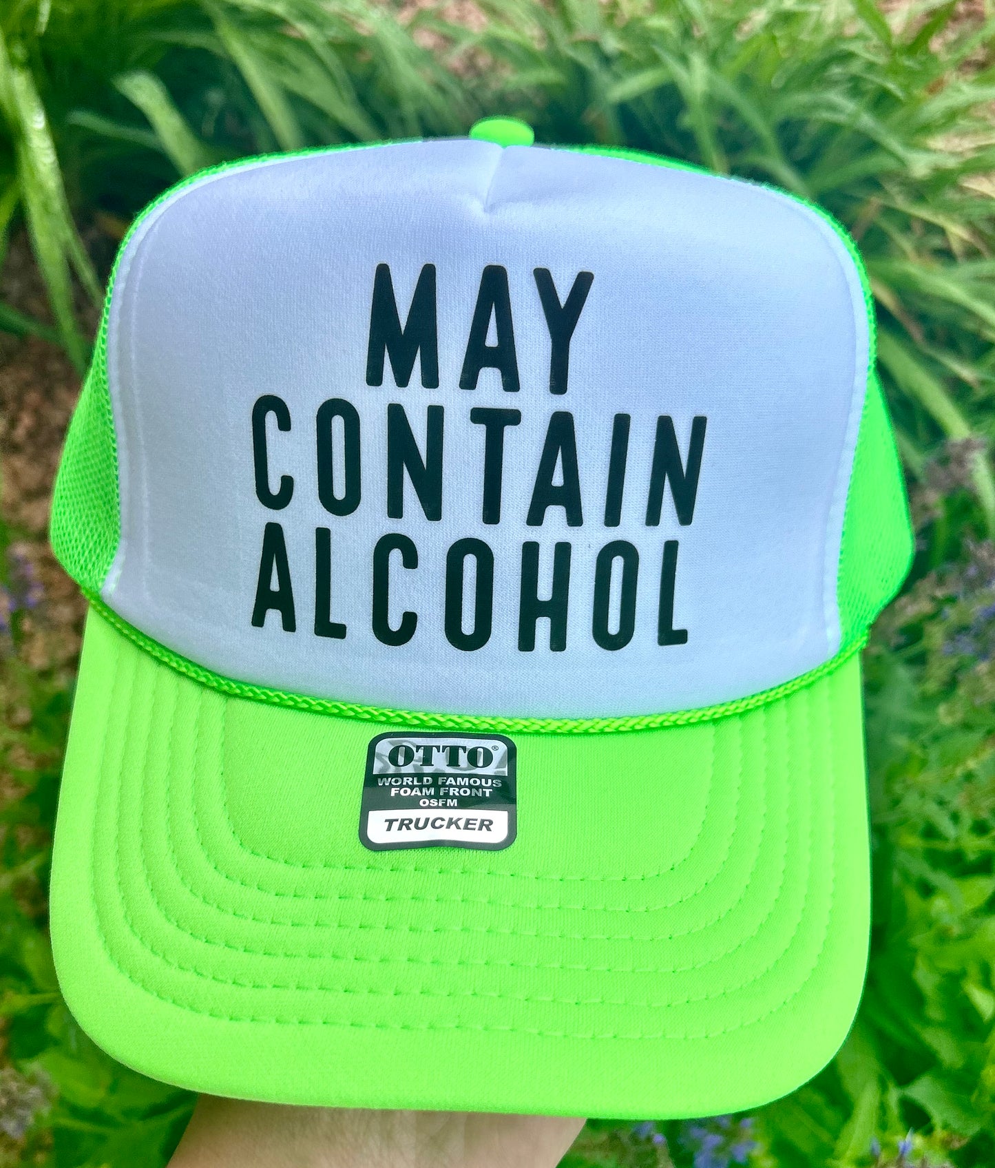 May Contain Alcohol Neon Green & White Trucker Hat