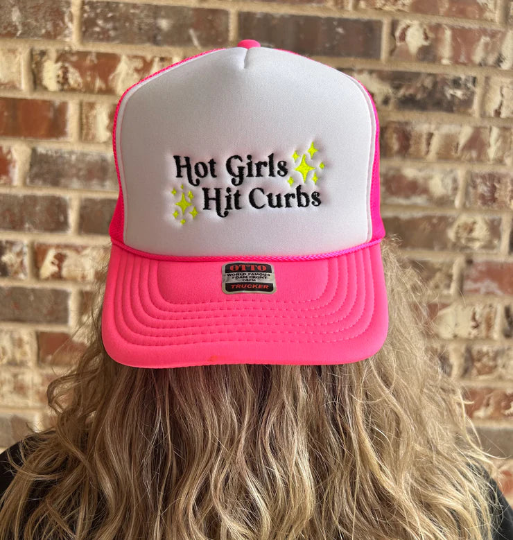 Hot Girls Hit Curbs Neon Pink & White Embroidered Trucker Hat