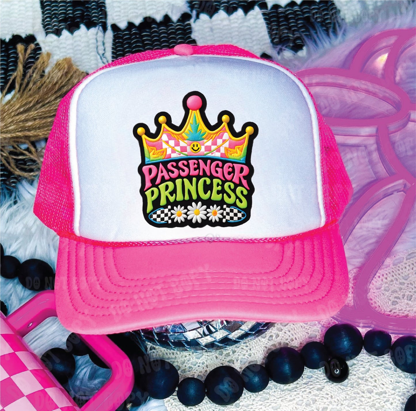 Passenger Seat Princess Neon Pink and White Unisex Foam Trucker Hat