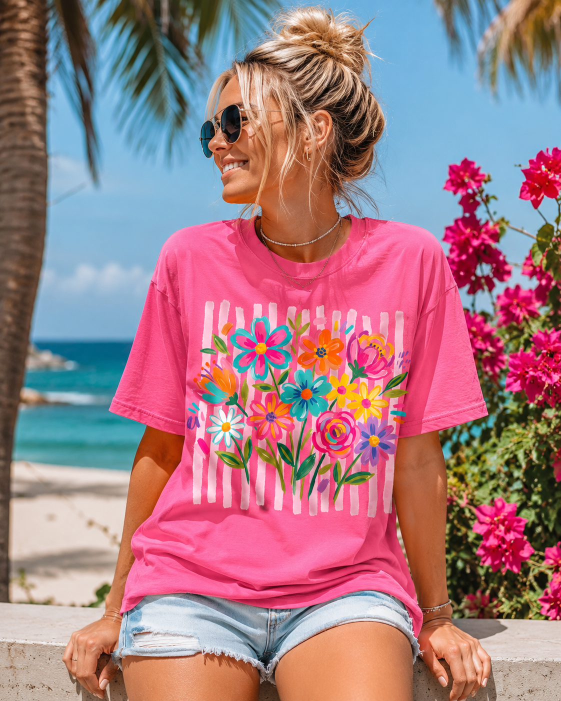 Summer Floral - Comfort Color Neon Pink UNISEX Tee