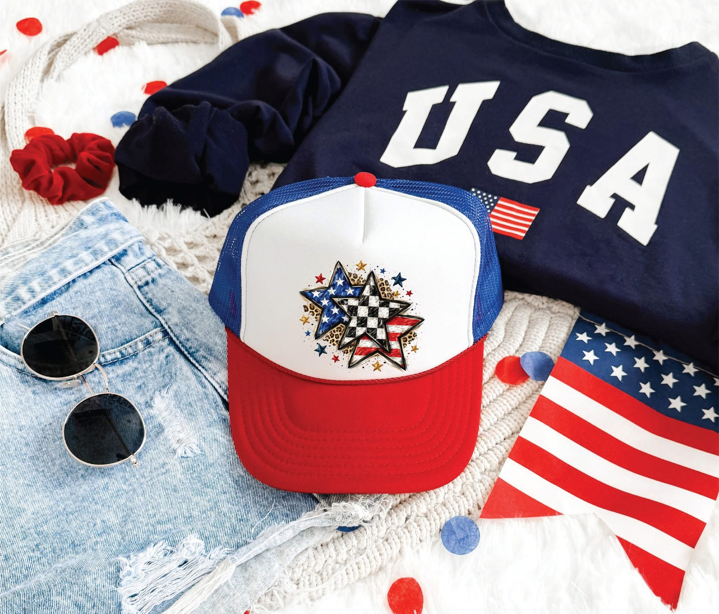 America Pattern Stars - Unisex Red, White, and Blue Foam Trucker Hat