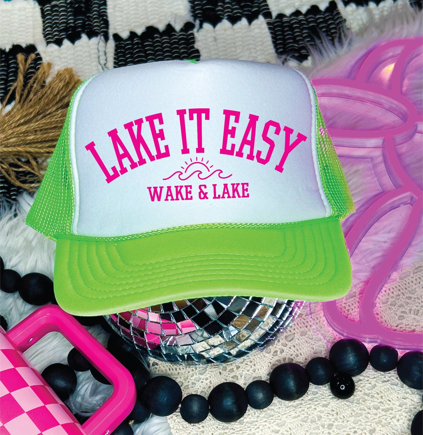 Lake it Easy Neon Green & White Trucker Hat