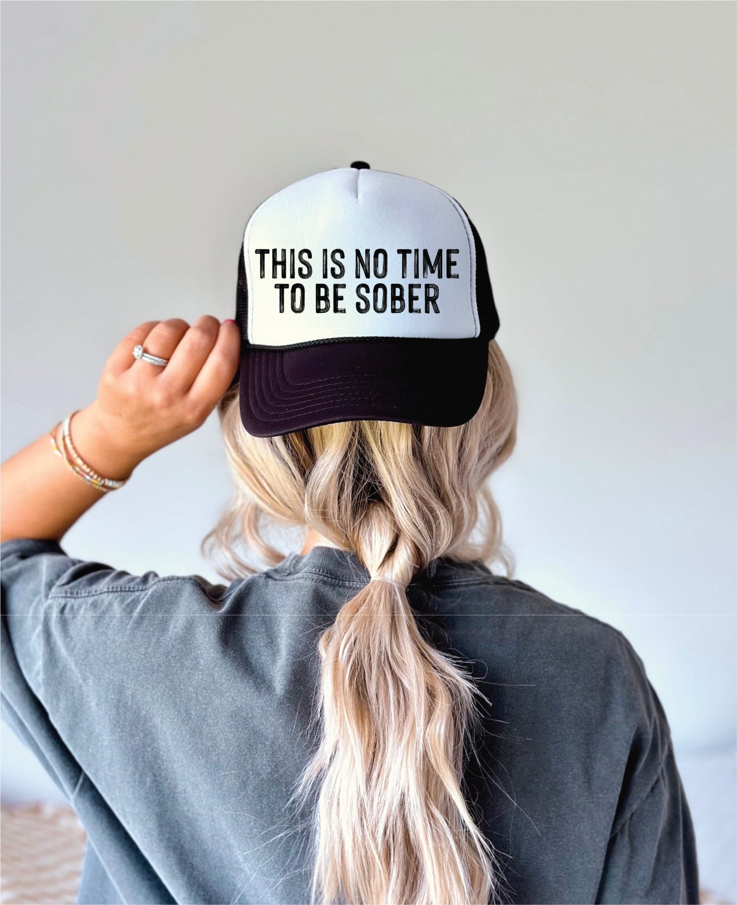 This Is No Time To Be Sober Black & White Trucker Hat