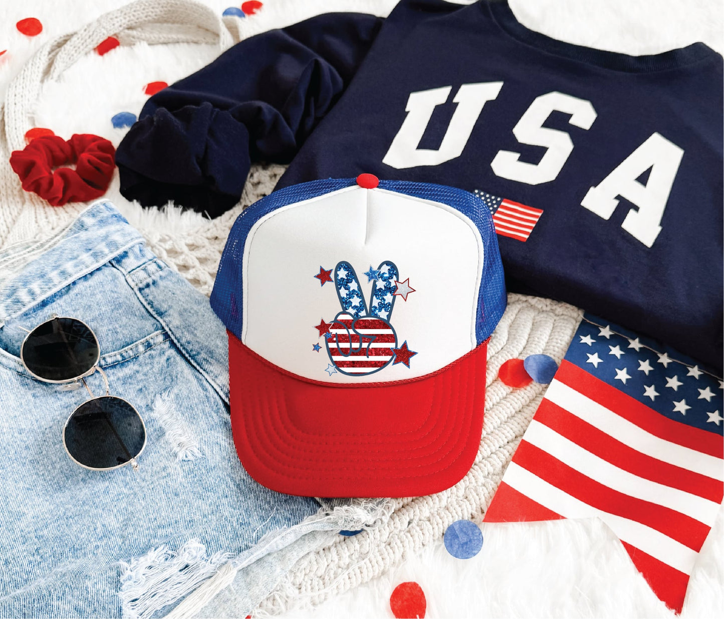 American Peace Sign Faux Sequin - Unisex Red,White, and Blue Foam Trucker Hat