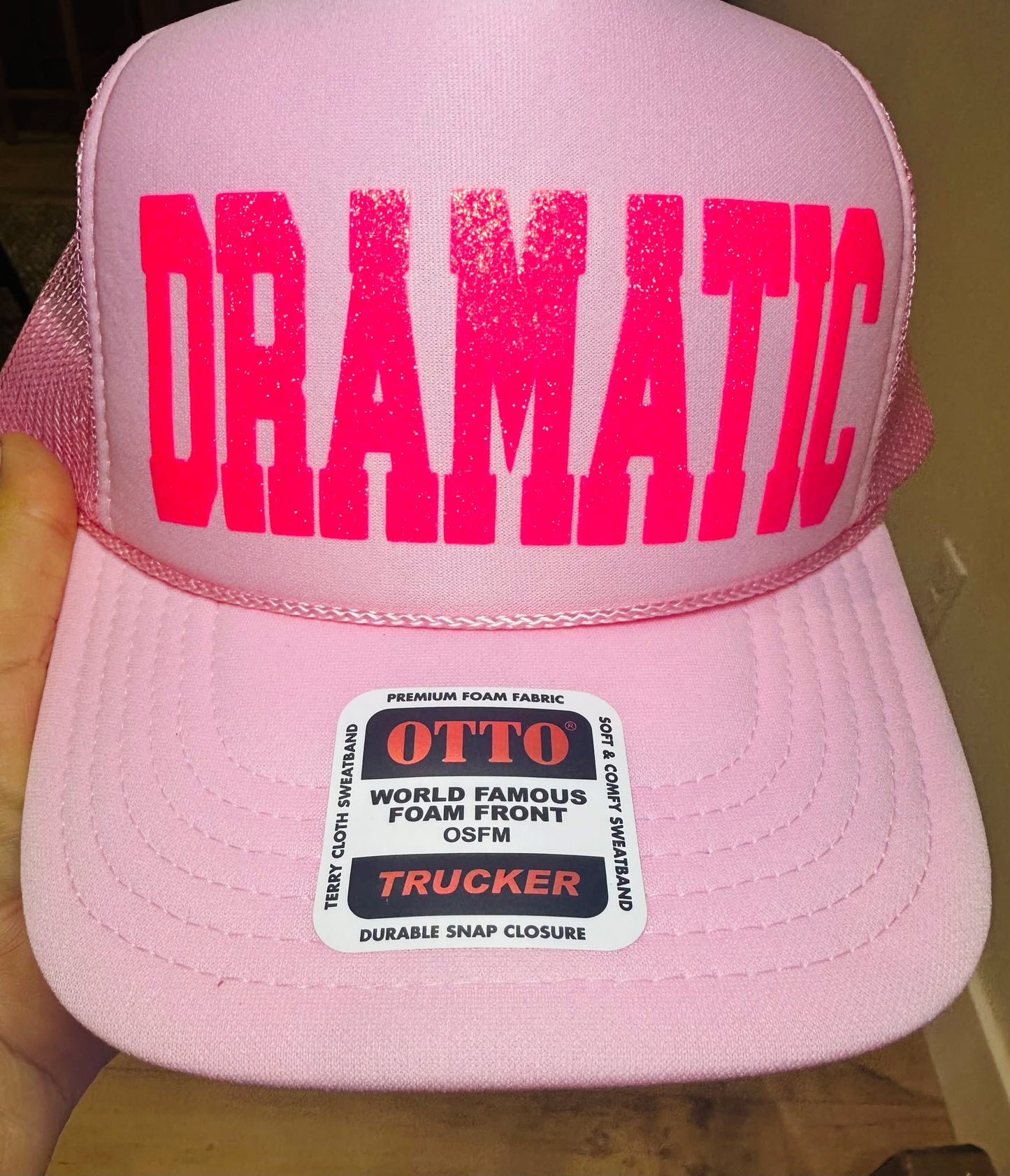 Dramatic 3D Glitter Pink Puff Vinyl on a Light Pink Unisex Foam Trucker Hat
