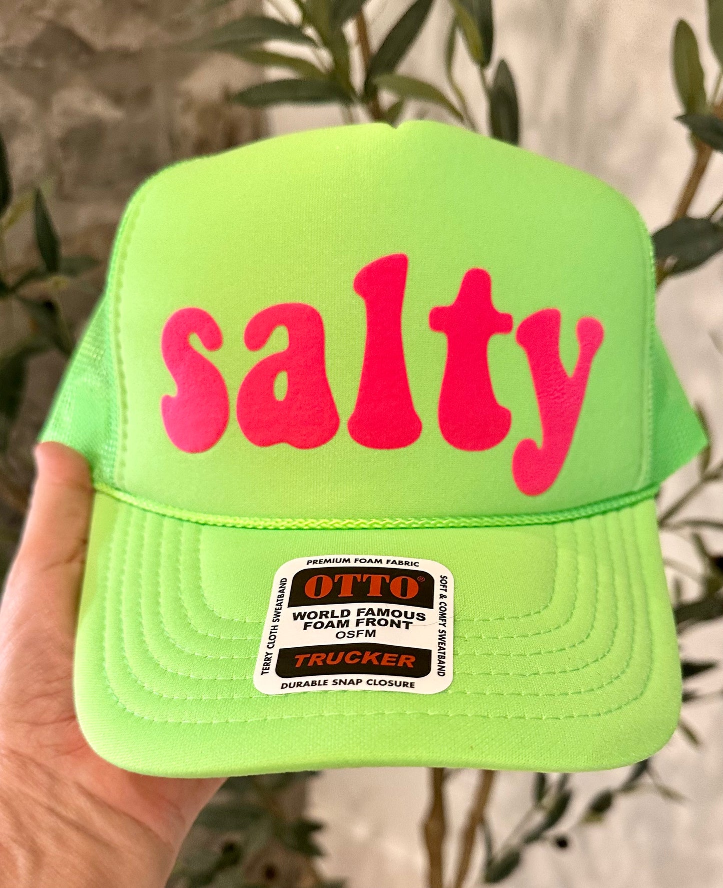 Salty Neon Pink 3D Puff Vinyl on a Neon Green Unisex Foam Trucker Hat