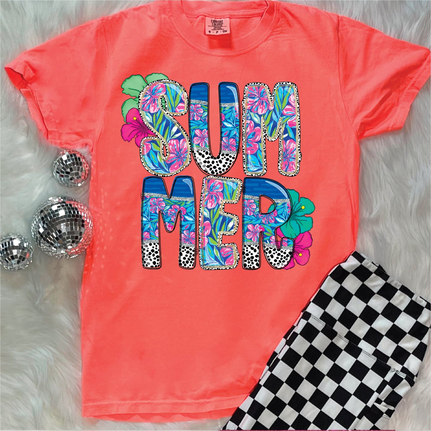 Summer Floral - Neon Red Orange Unisex Comfort Color Graphic Tee