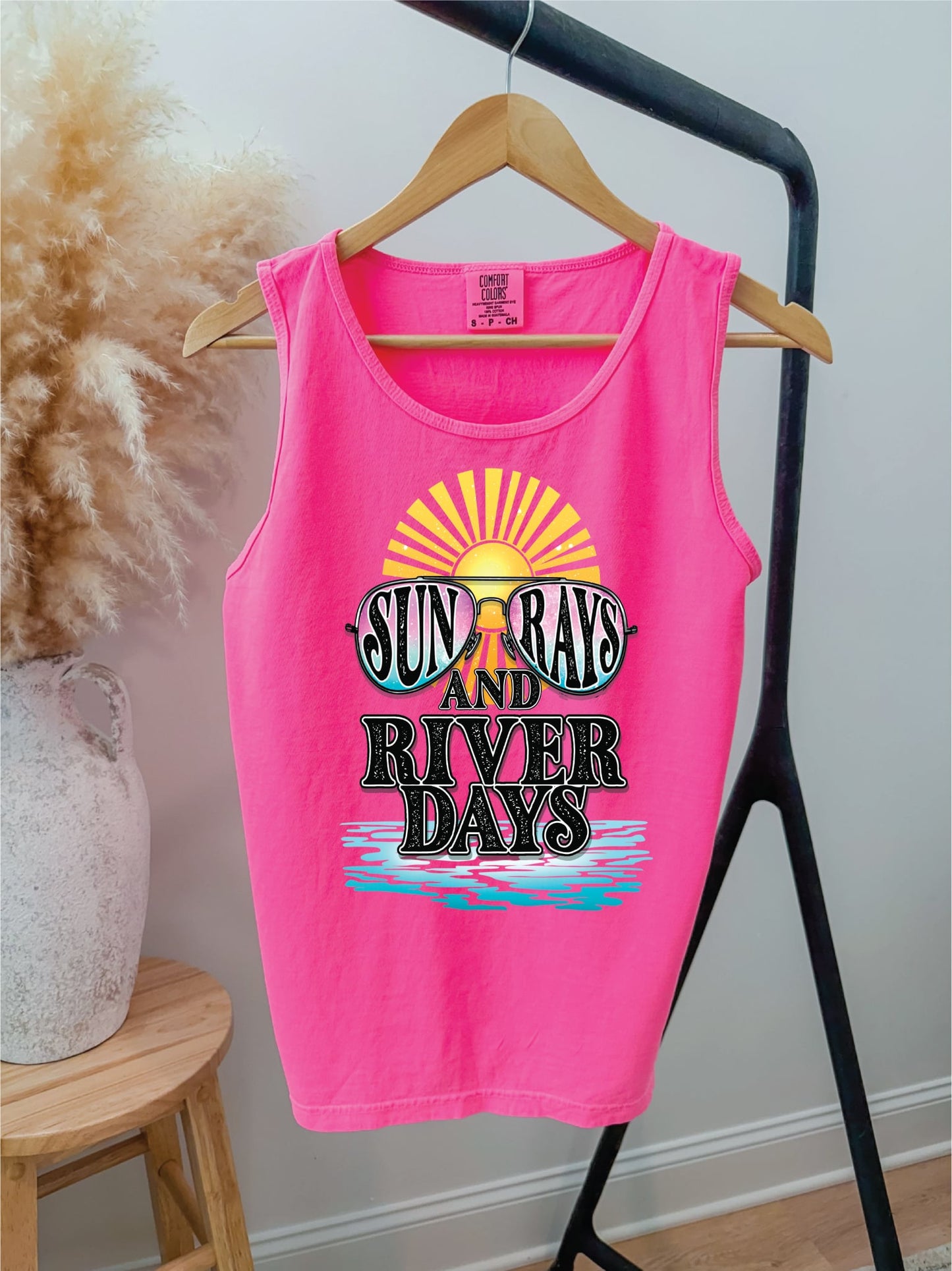 Sunrays and River Days Neon Pink Comfort Color Unisex Graphic Tank Top
