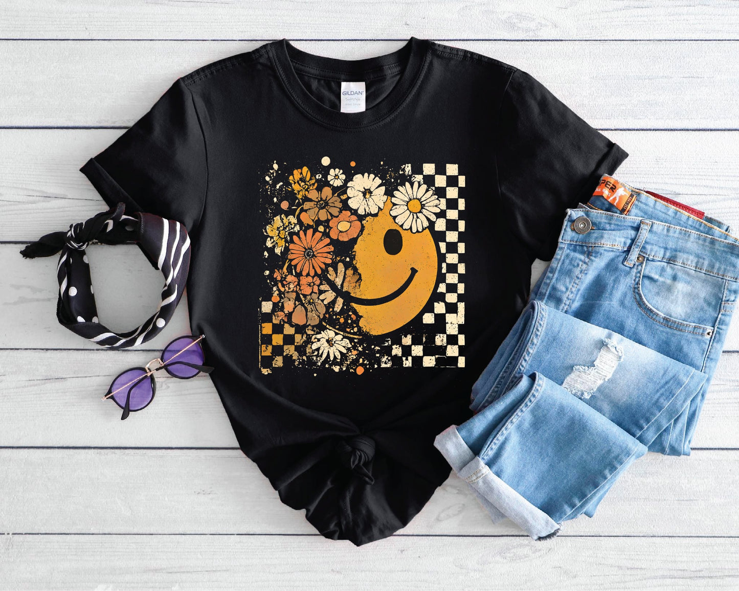 Checkered Floral Face Unisex Bella Canvas Graphic T-Shirt