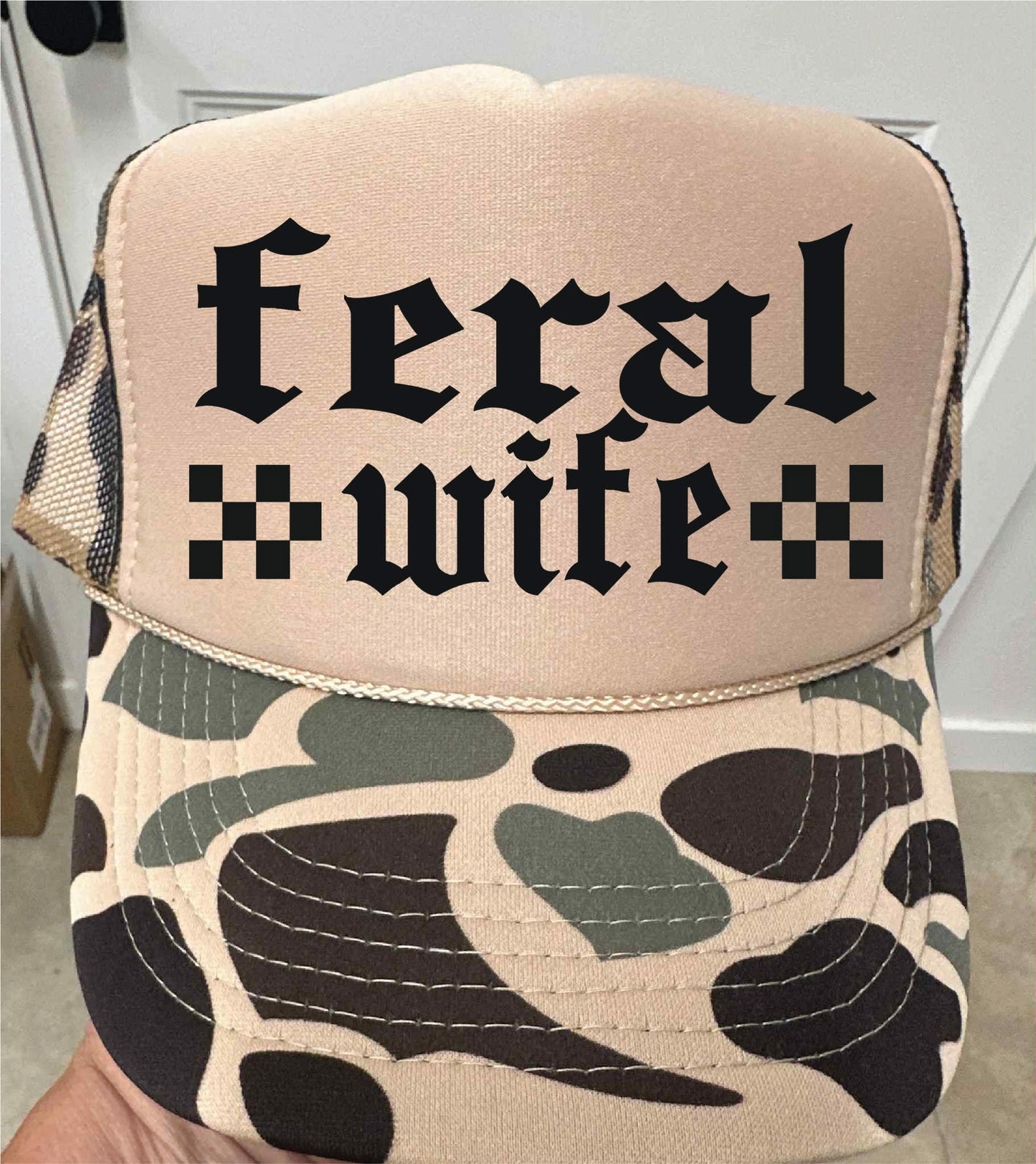 Feral Wife Camo and Tan Unisex Foam Trucker Hat
