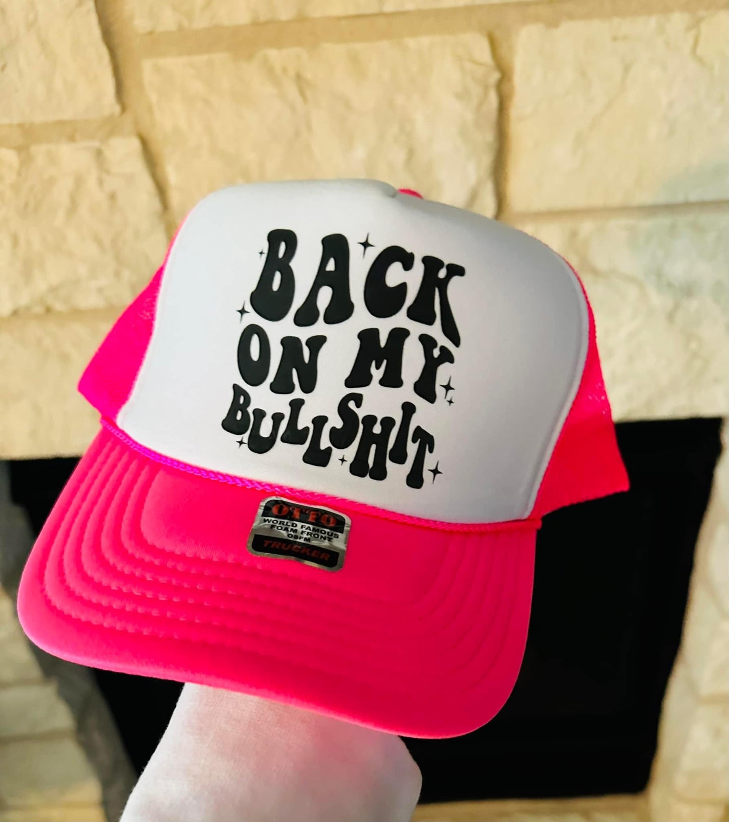 Back On My Bullshit Neon Pink & White Trucker Hat