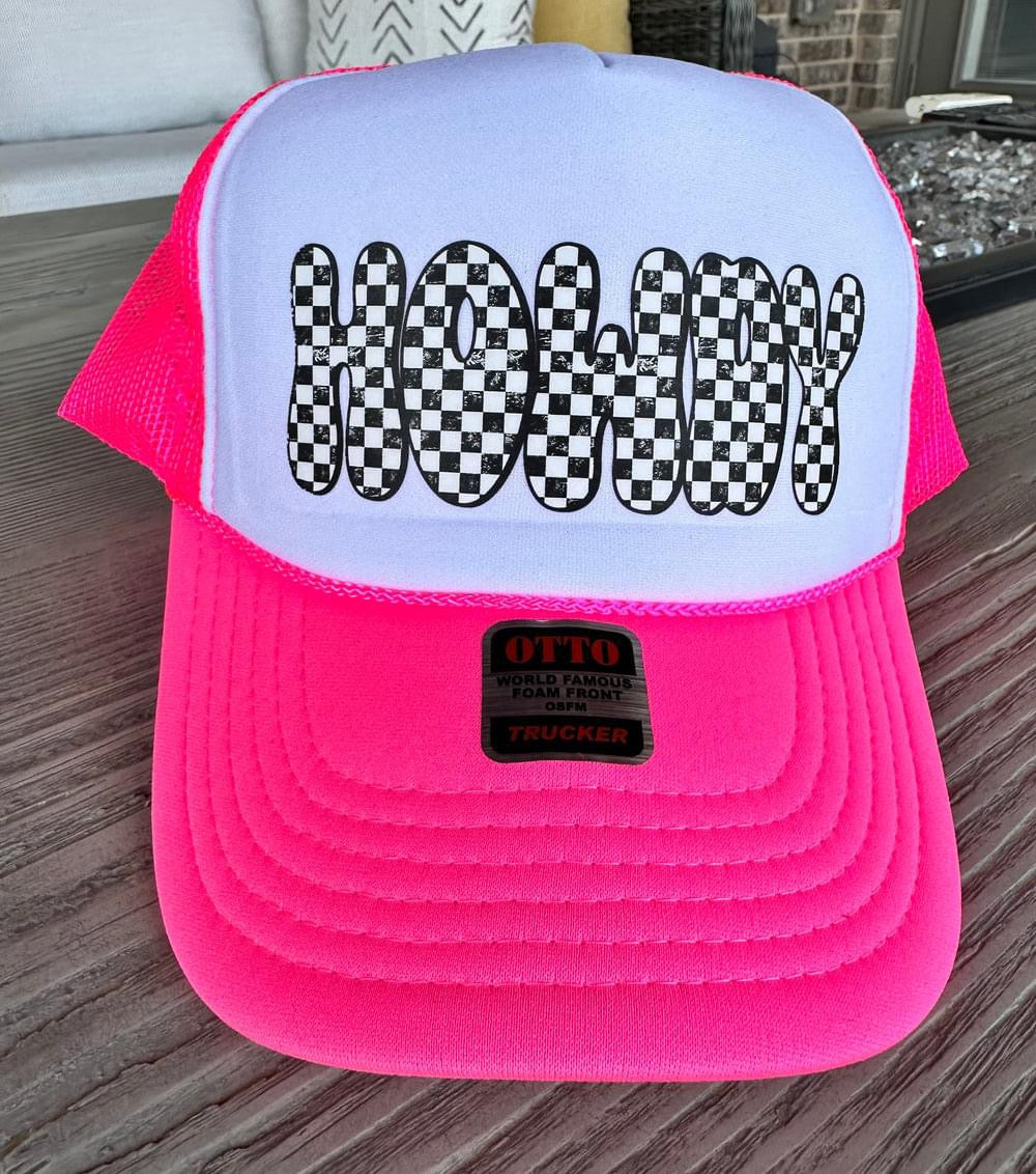 Howdy Checkered Neon Pink & White Trucker Hat