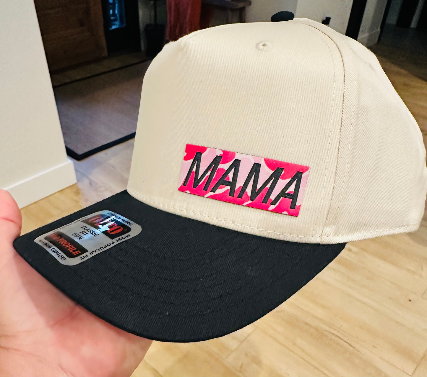 Mama Pink Camo Leather Hat Patch on Black and Natural Otto Trucker Hat