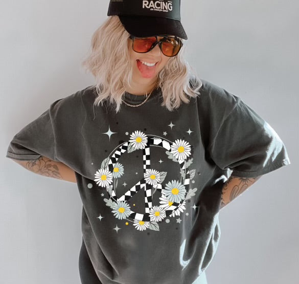 Checkered Floral Peace Sign-Unisex Graphic Tee