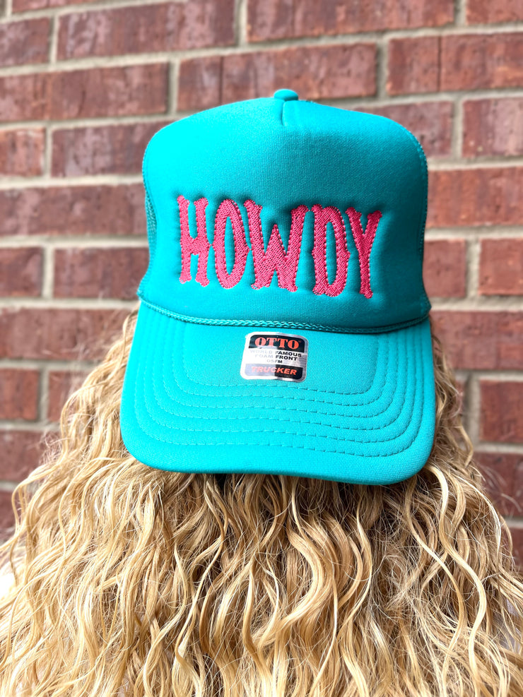 Howdy Embroidered Jade & Hot Pink Trucker Hat