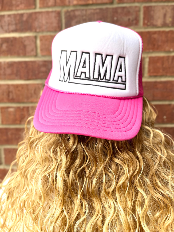 Mama Embroidered Neon Pink & White Trucker Hat