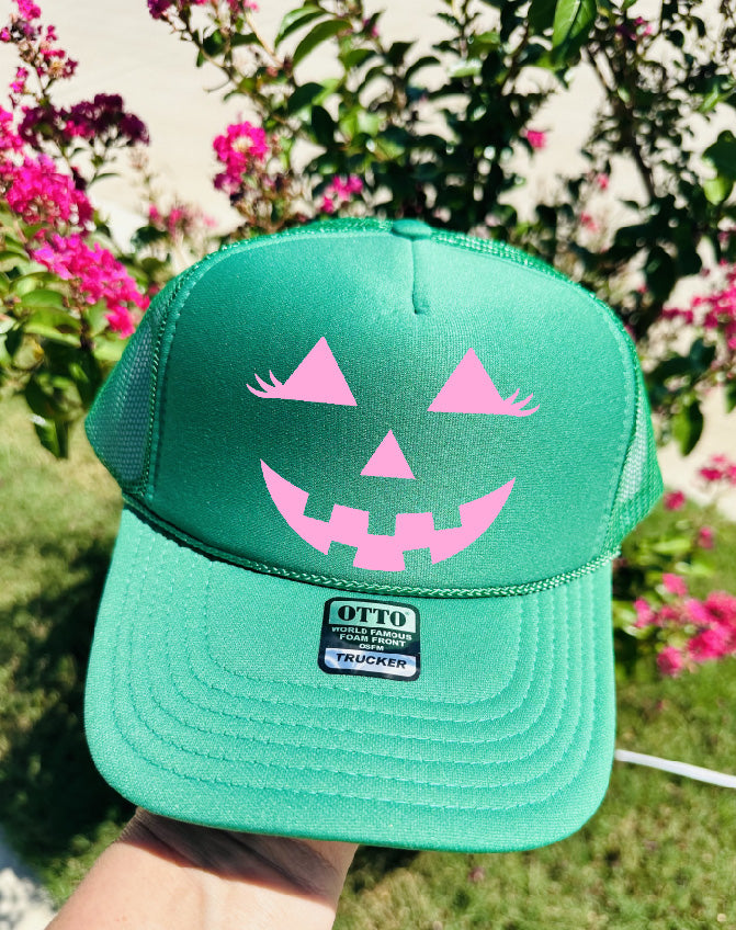 Pumpkin Face Kelly Green Trucker Hat