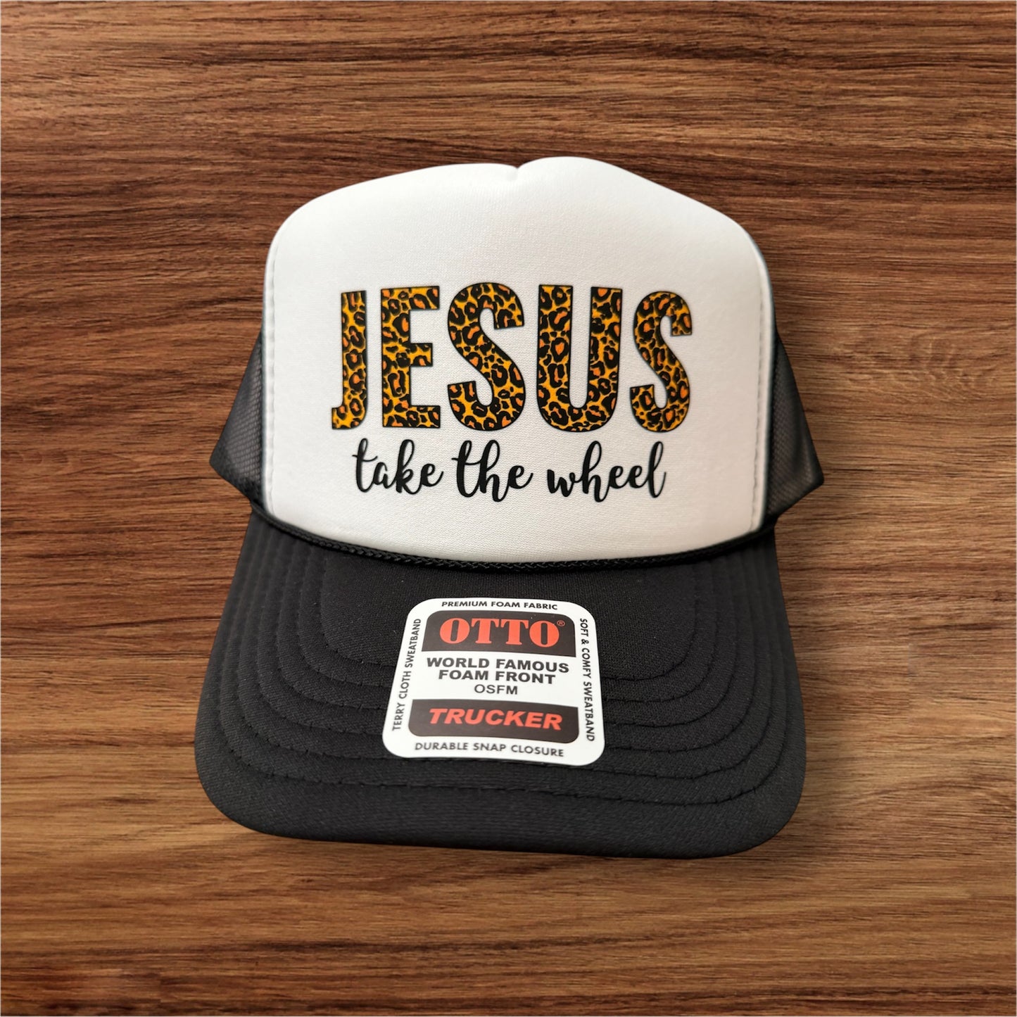 JESUS TAKE THE WHEEL - UNISEX BLACK AND WHITE TRUCKER HAT