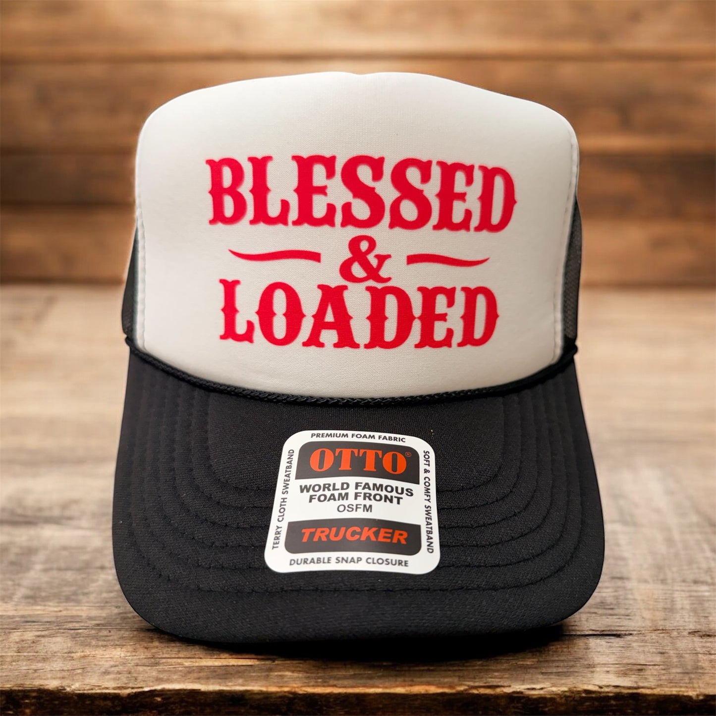 BLESSED AND LOADED - UNISEX BLACK AND WHITE TRUCKER HAT