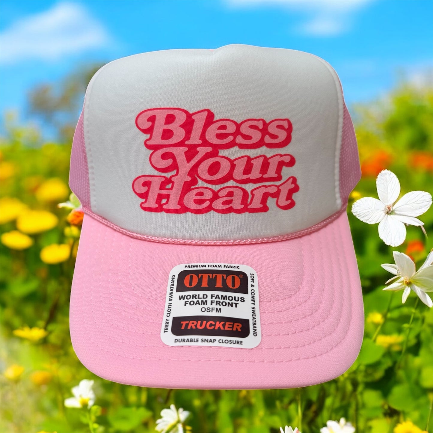 BLESS YOUR HEART - UNISEX LIGHT PINK AND WHITE TRUCKER HAT
