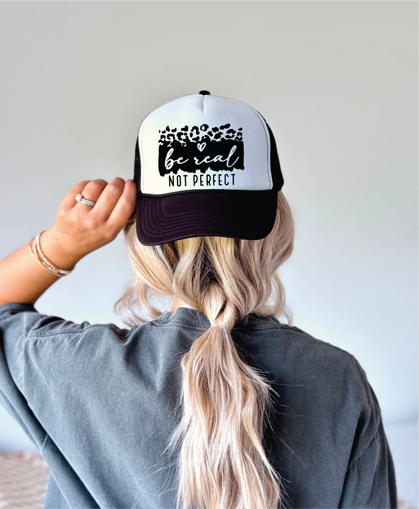 Be Real Not Perfect Black & White Trucker Hat