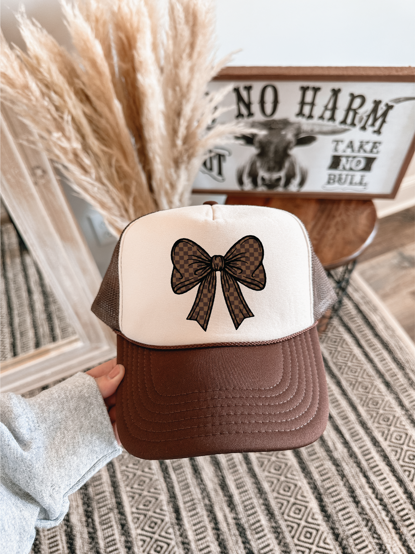 Brown Checkered Bow Brown & Tan Trucker Hat