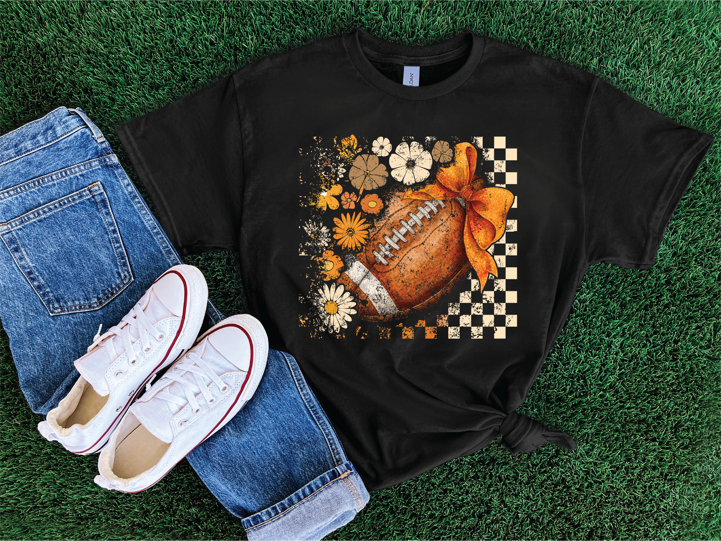 Checkered Floral Football-Black Comfort Color Unisex Graphic Tee