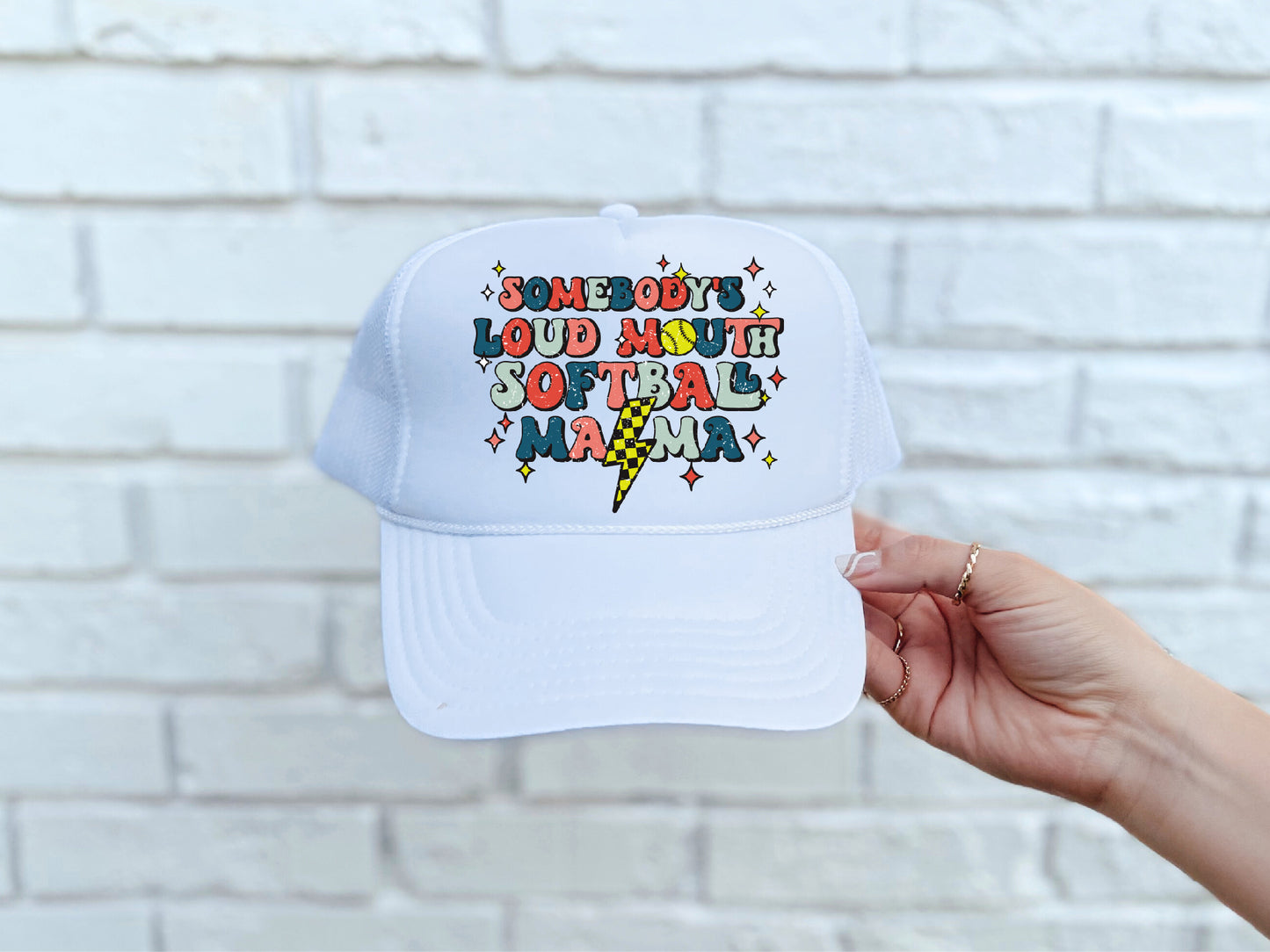 Loud Mouth Softball Mama White Trucker Hat
