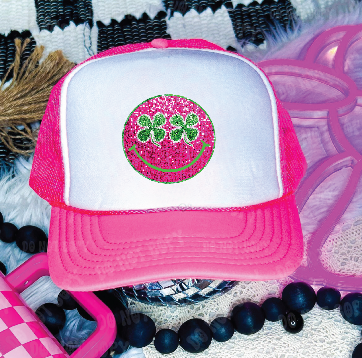 Shamrock Face Faux Sequin Neon Pink & White Trucker Hat