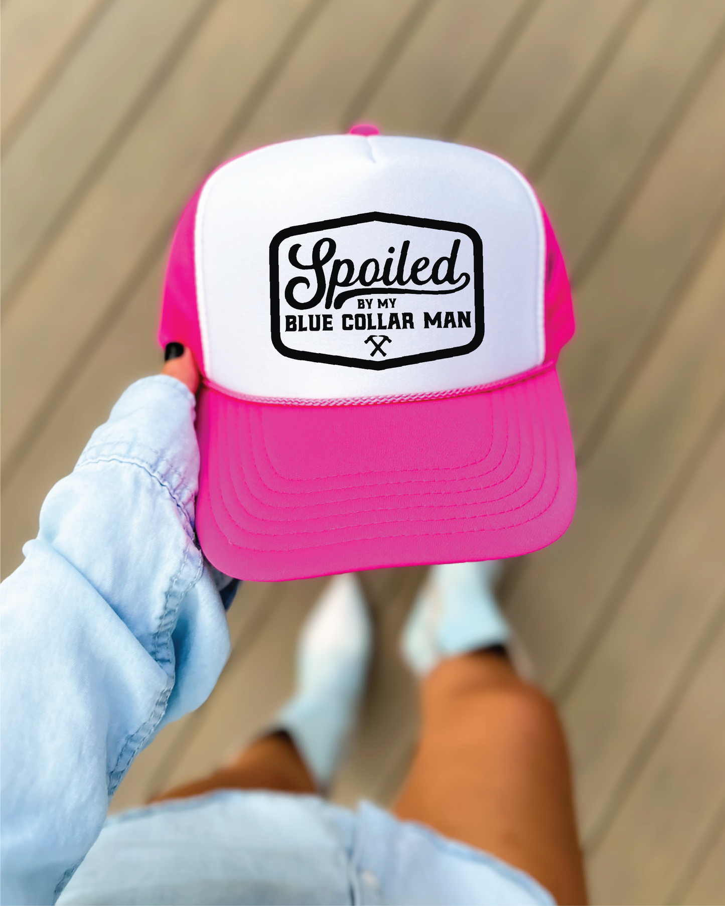 Spoiled By My Blue Collar Man- Hot Pink & White Unisex Foam Trucker Hat