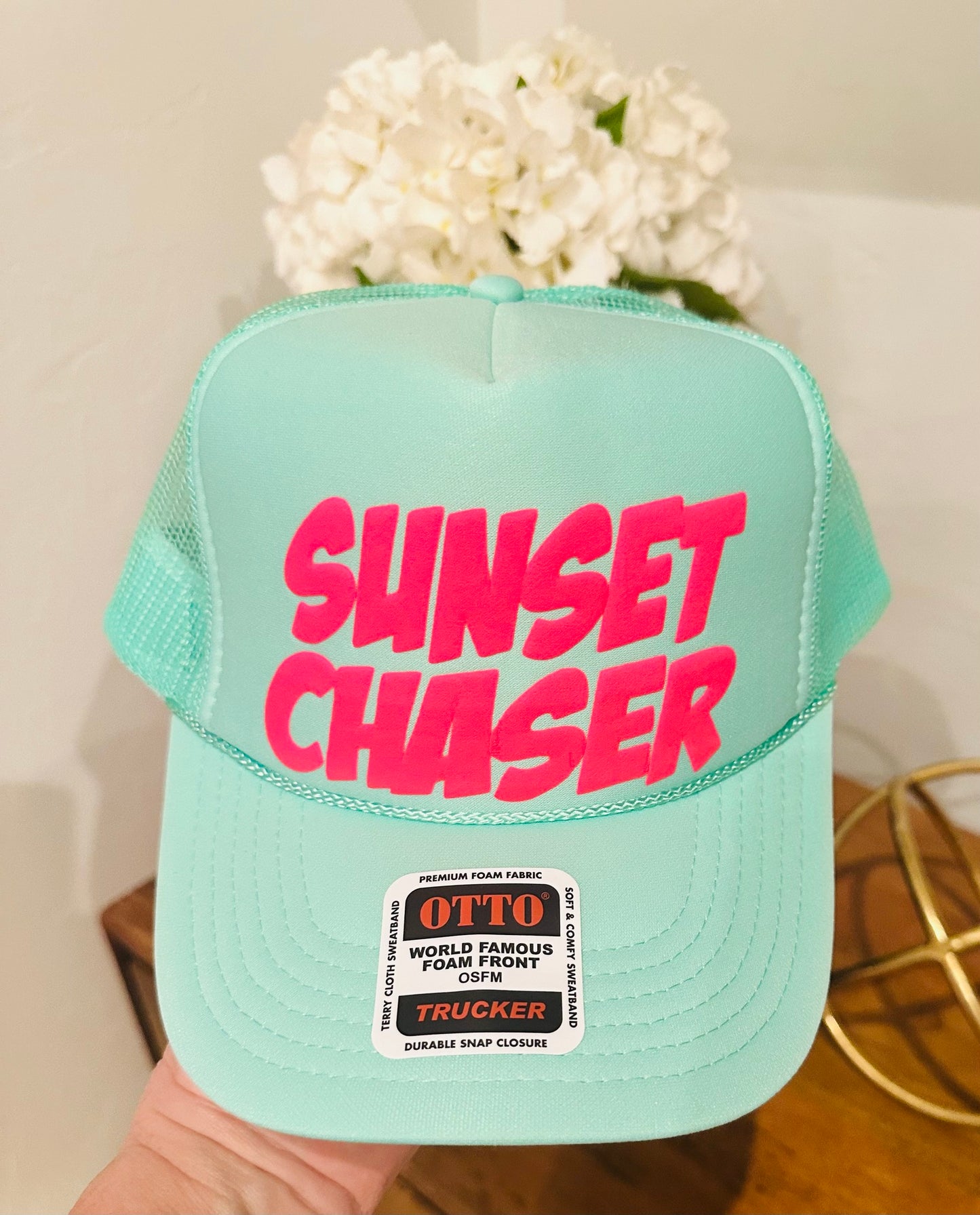 Sunset Chaser Mint Hat Neon Pink Puff Trucker Hats