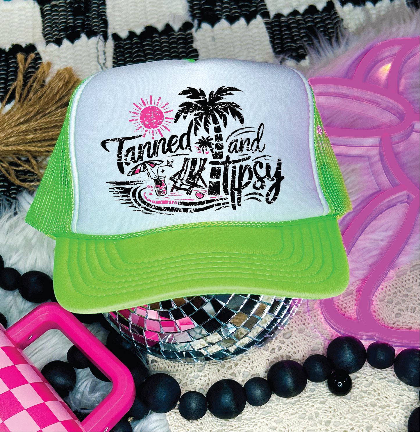 Tan and Tipsy Neon Green & White Trucker Hat