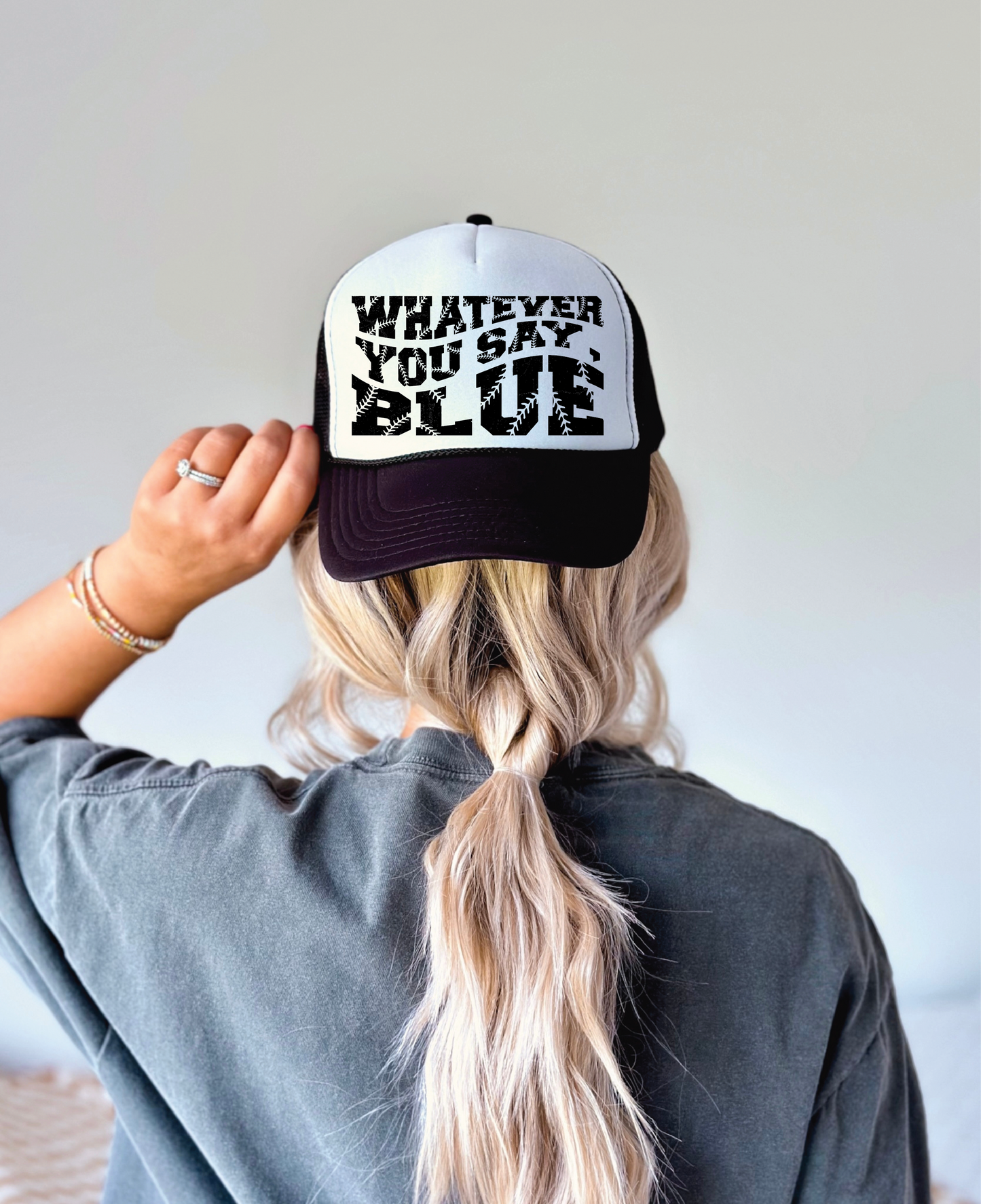 Whatever You Say Blue Black & White Trucker Hat