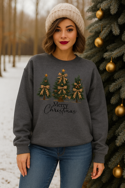 Merry Christmas Leopard Trees - Unisex Dark Heather Grey Graphic Sweatshirt