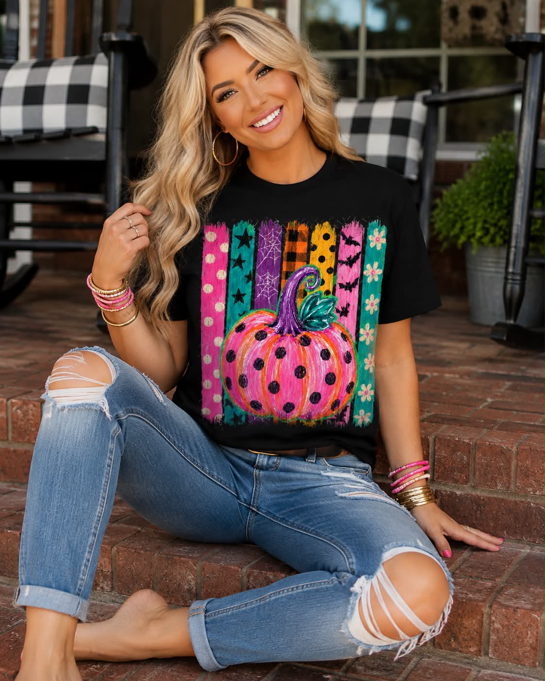 Neon Pumpkin Pattern Stripes - Black Comfort Color Unisex Graphic Tee