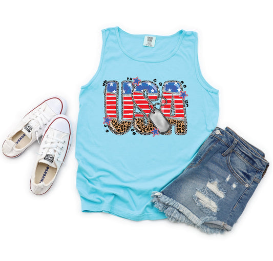 USA Leopard Lagoon Blue Unisex Comfort Color Graphic Tank Top