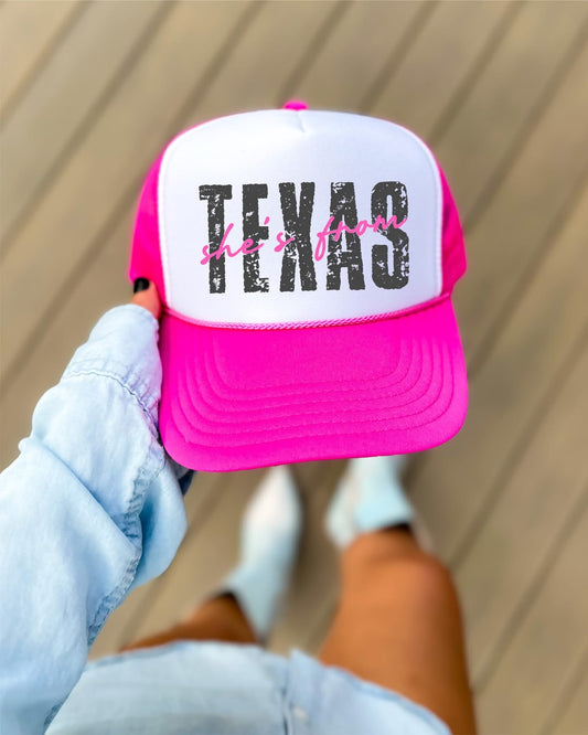 She’s From Texas -Hot Pink and White Unisex Foam Trucker Hat
