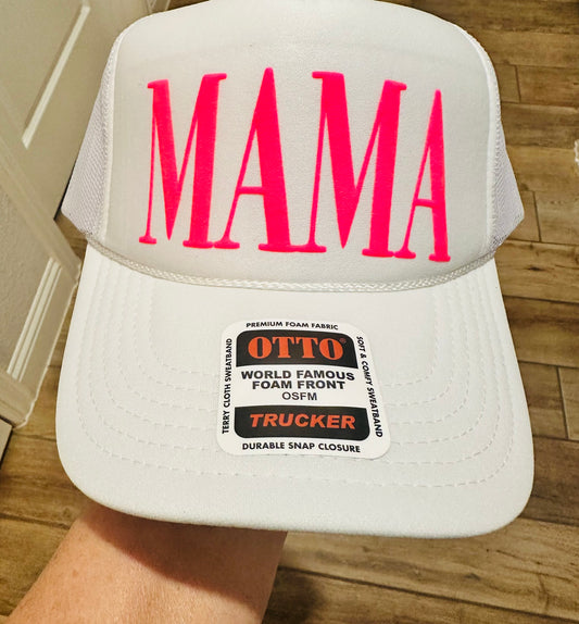 Mama Neon Pink Puff Trucker Hat