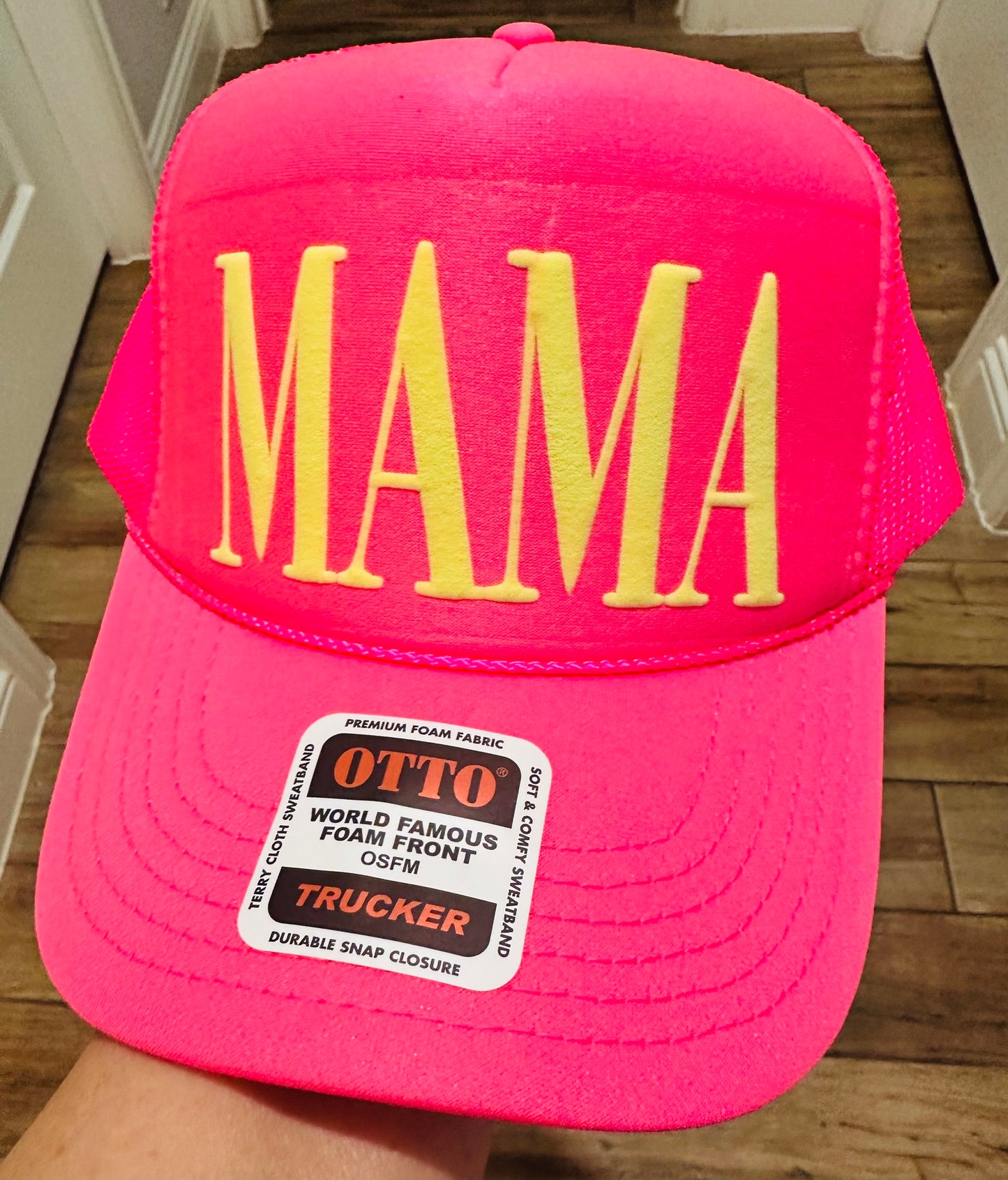 Mama Neon Pink Hat Yellow Puff Trucker Hat