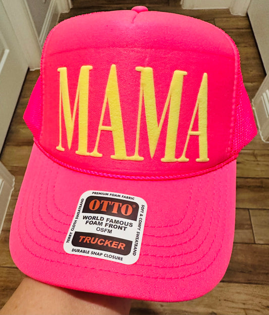 Mama Neon Pink Hat Yellow Puff Trucker Hat
