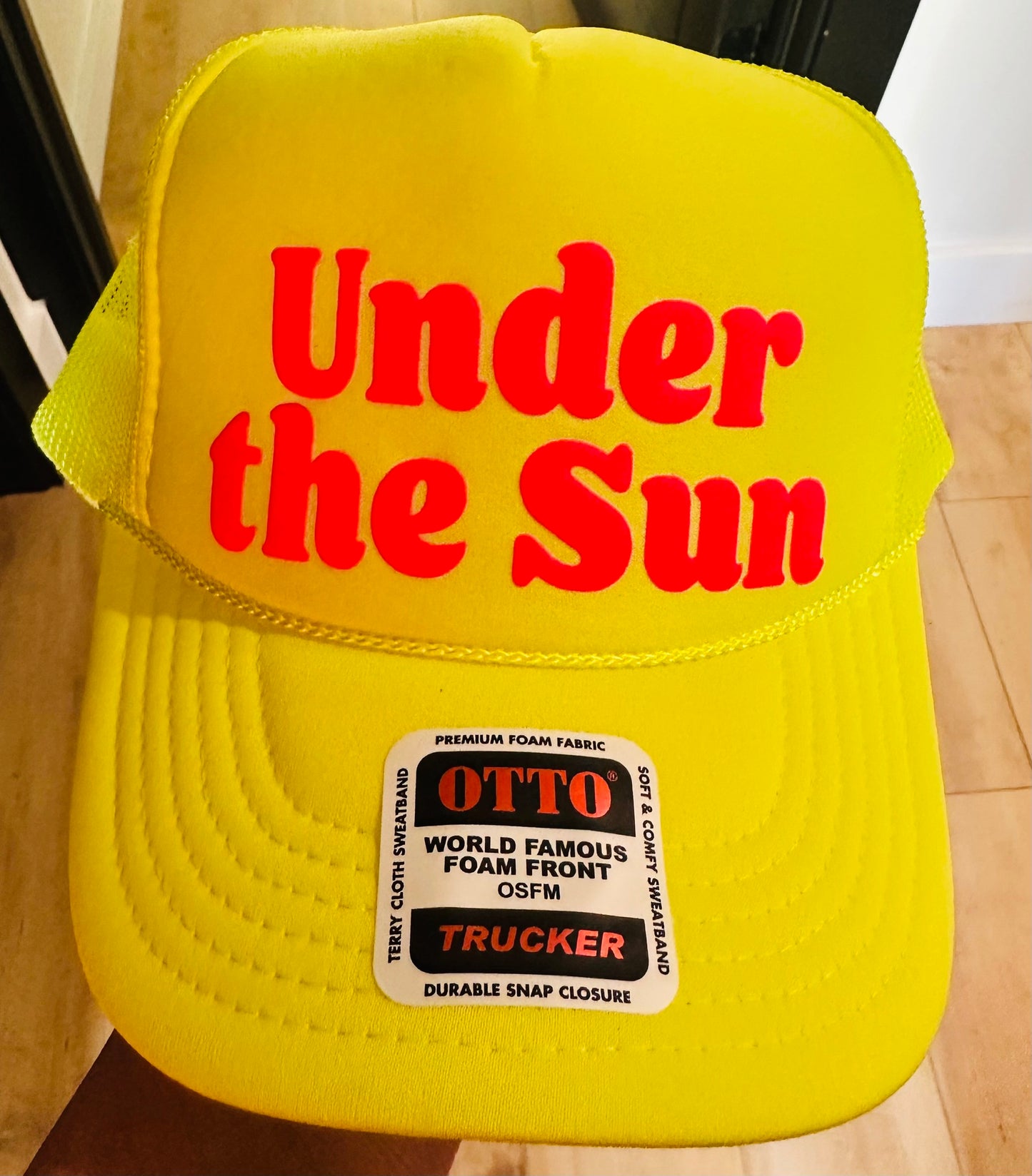 Under The Sun neon pink 3D Puff Vinyl Neon Yellow Trucker Hat