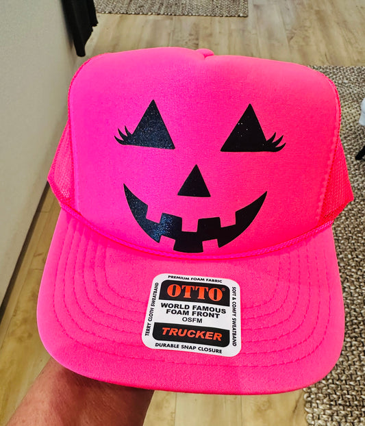 Girly Pumpkin Face Black Glitter 3D Puff Vinyl on a Neon Pink Unisex Foam Trucker Hat