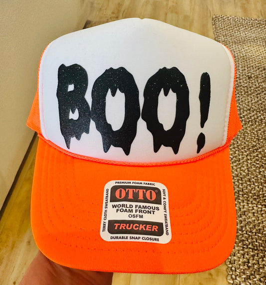 Boo Black Glitter 3D Puff Vinyl on a Neon Orange and White Unisex Foam Trucker Hat