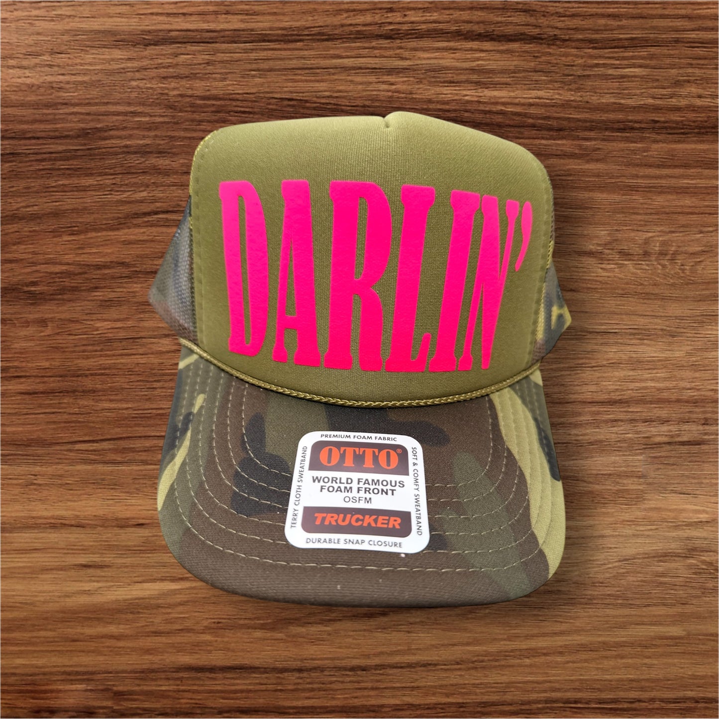 Darlin Neon Pink Puff Camo and Olive Trucker Hat
