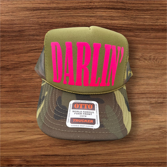 Darlin Neon Pink Puff Camo and Olive Trucker Hat