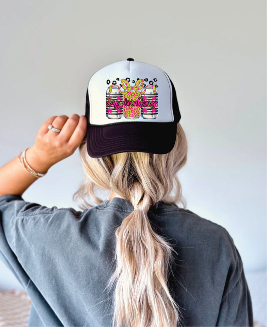 Day Drinkin’ Black & White Unisex Foam Trucker Hat