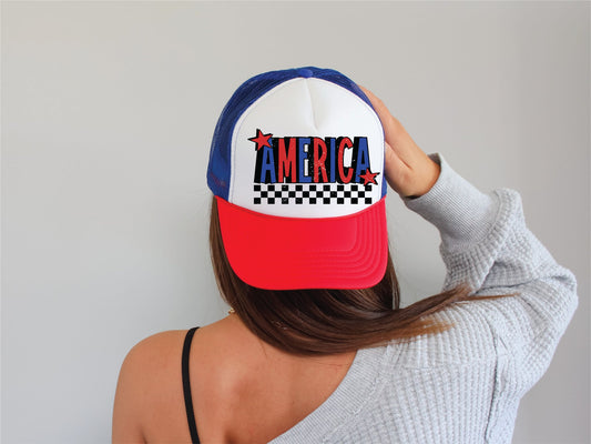 America Checkered Red White and Blue unisex Foam Trucker Hat